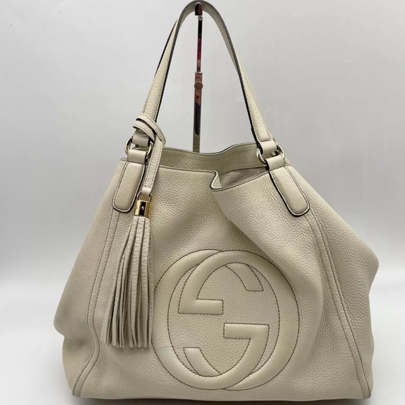 Gucci Handbags - GUCCI Authenticated Tote Bag Soho Cellarius Beige Leather Tassel Shoulder Bag